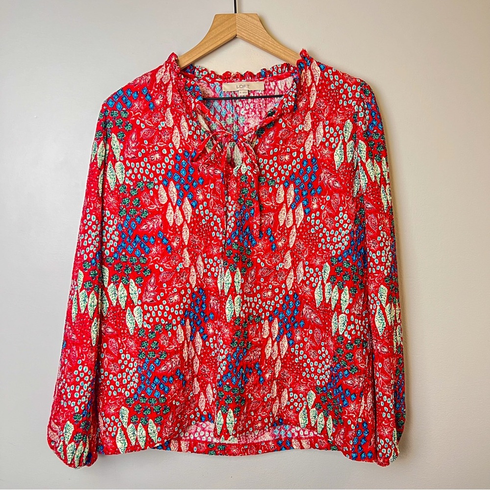 Loft Red Tie-Neck Blouse | M